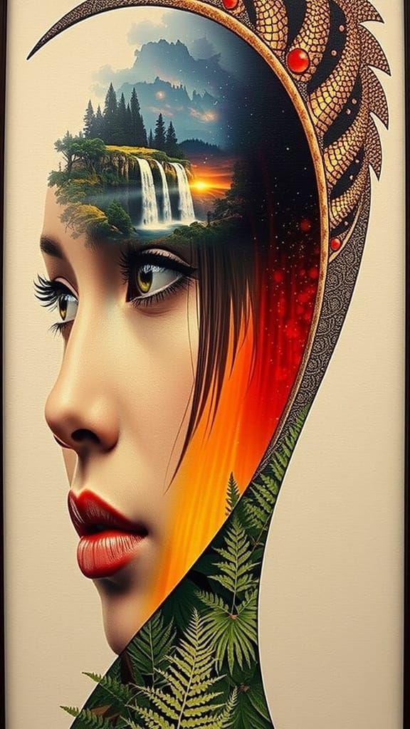 Mythical Virgo Double Exposure Portrait with Waterfall Lands...