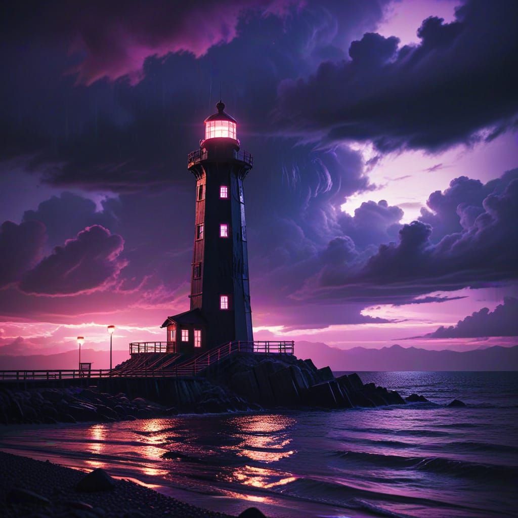 Cyberpunk Lighthouse with Neon Reflections and Synthwave Col...