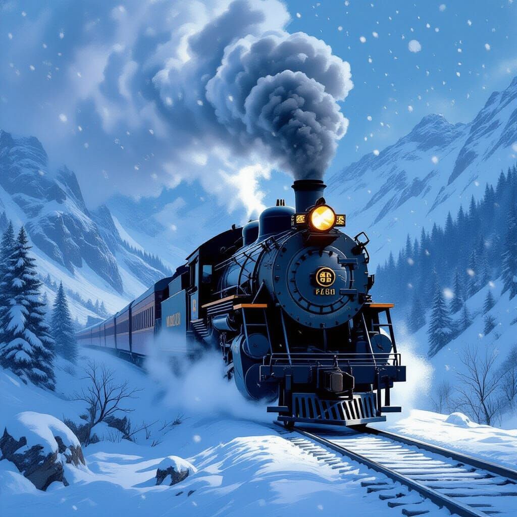 Old Locomotive in Snowy Mountain Pass