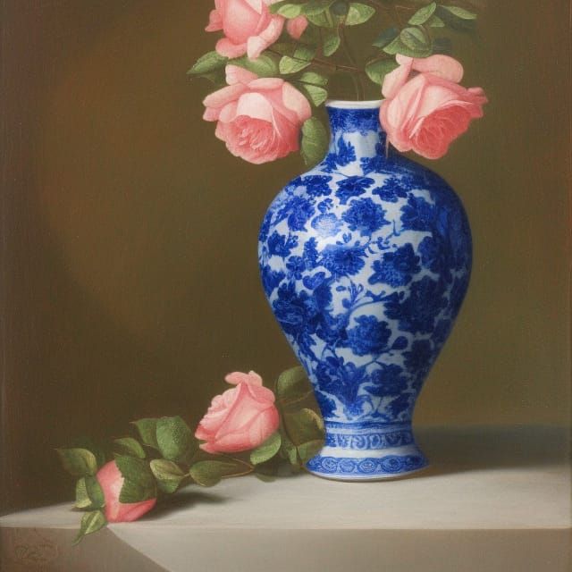 Roses in Blue and White Vase