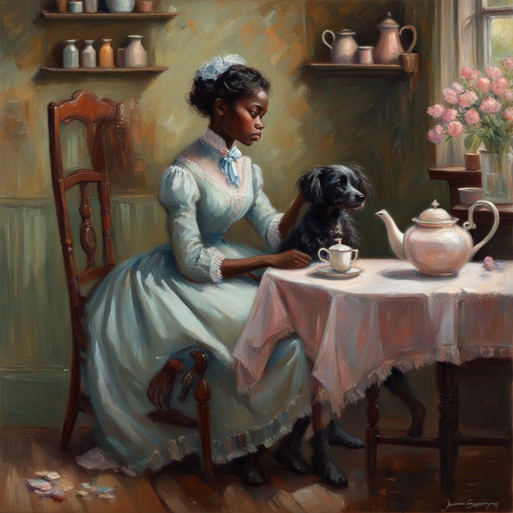 Victorian Woman Having Tea, Oil Painting Style