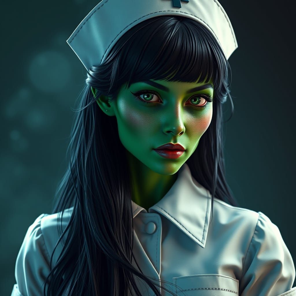 Green Witch Nurse in 1930s Uniform, Fantasy Concept Art
