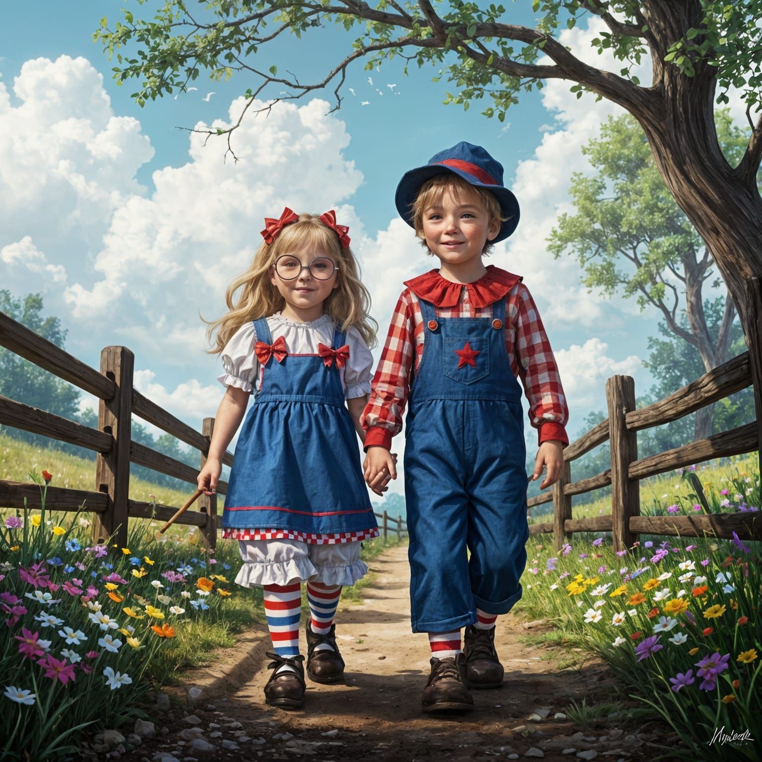 Raggedy Ann and Andy Walk Down Dirt Path