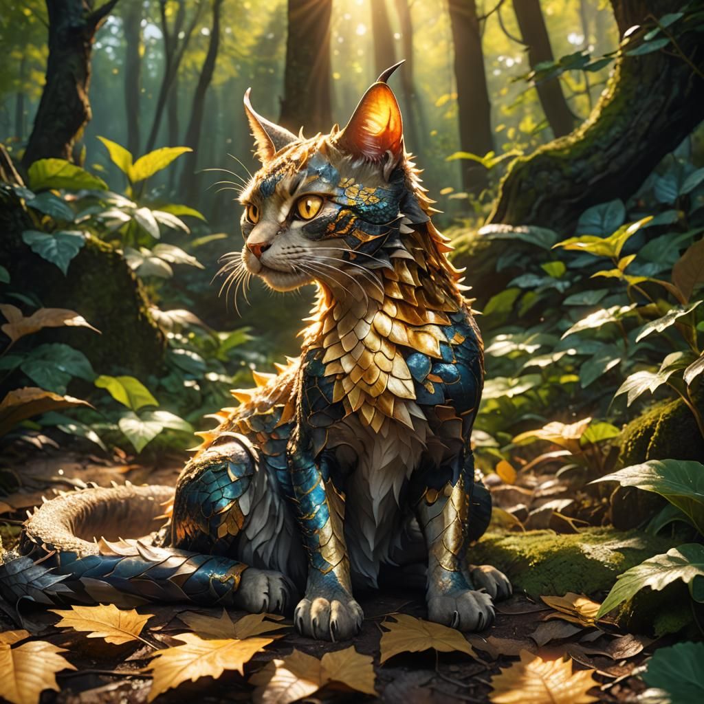 Dragon Cat in Mystical Forest: Digital Art
