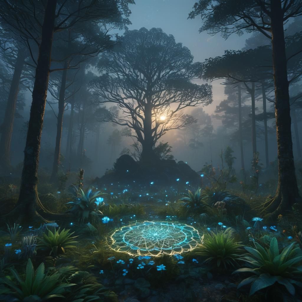 Mystical Forest at Dawn with Bioluminescent Flora