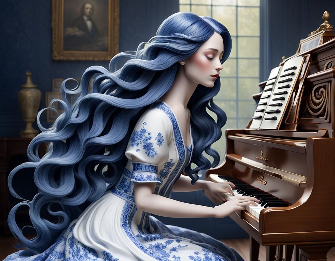 Blue Willow Porcelain Piano Player in Manga Style