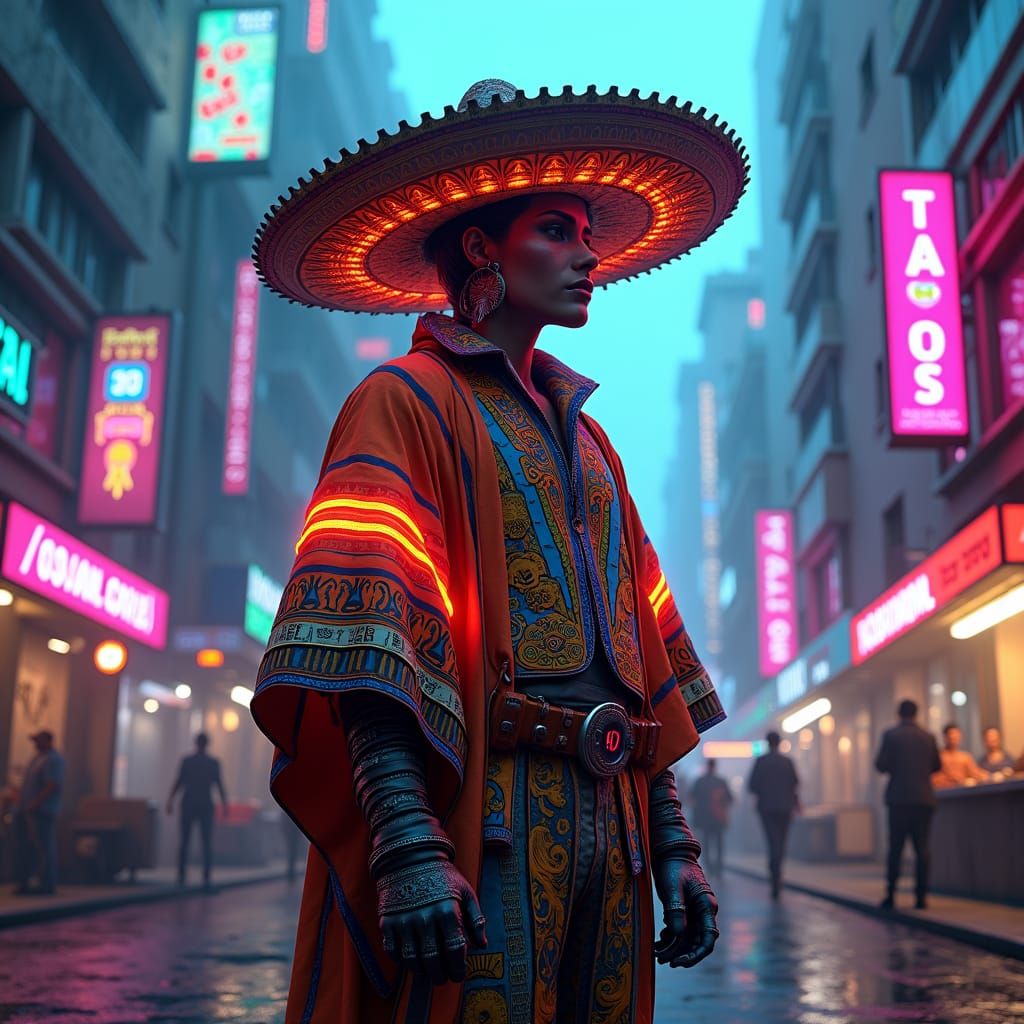 Cyberpunk Mexican Character in Neon Cityscape