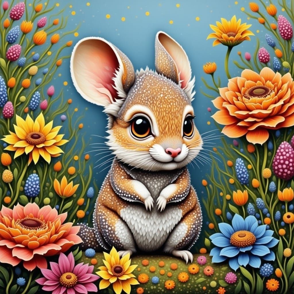 Chinchilla in Flower Garden, Dreamlike Art