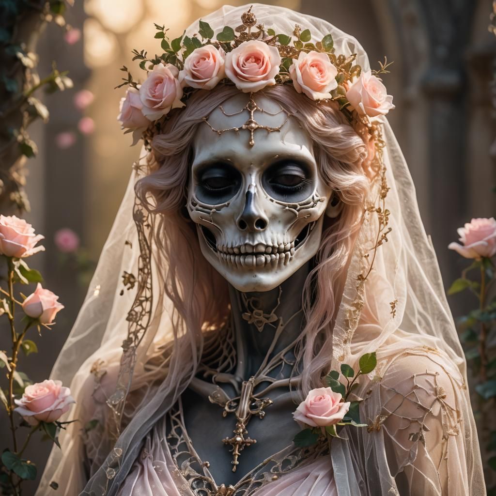 Gothic Skeletal Figure in Roses, Romantic Portrait