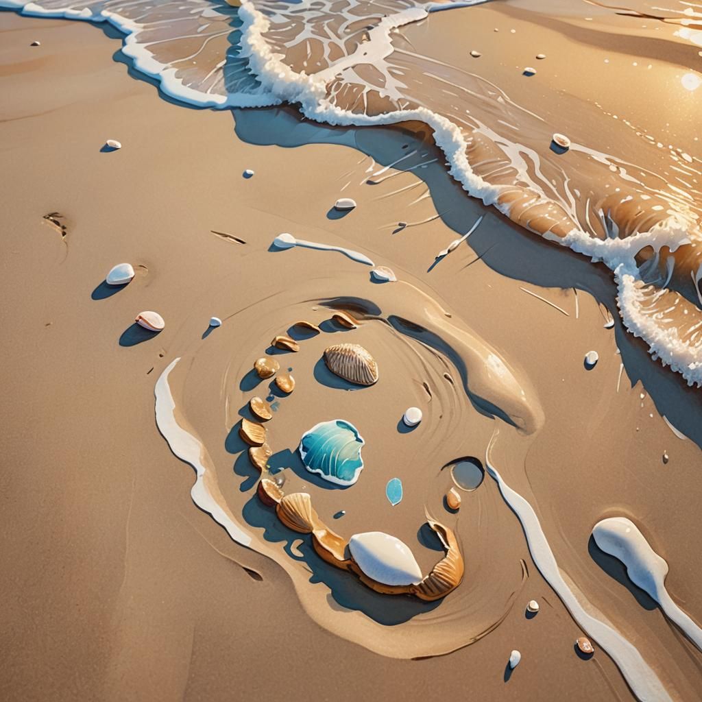 Dreamy Footprint on Beach at Sunrise as Gouache Painting