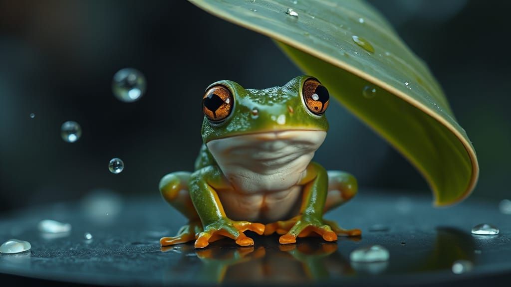 Enchanting Iridescent Frog Under Leaf