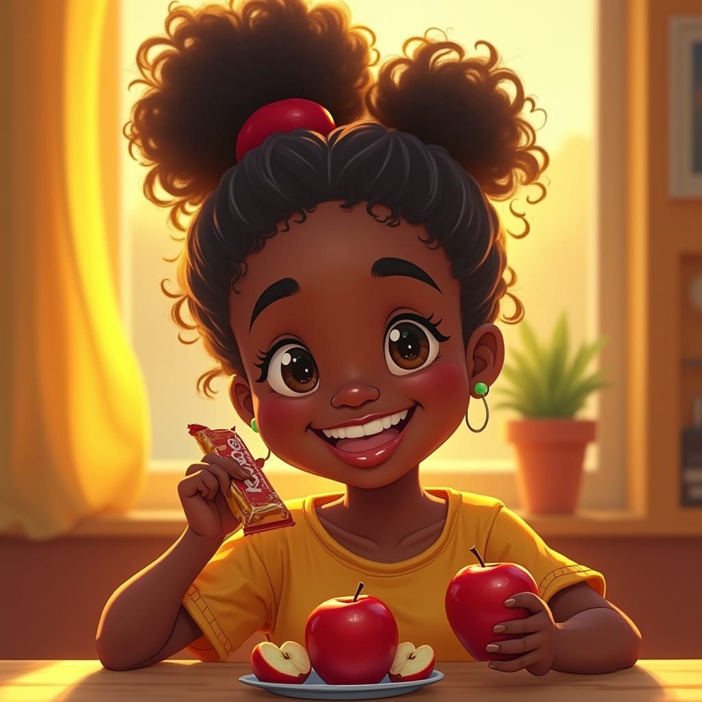 Radiant Black Girl Enjoys After-School Snack in Warm, Festiv...