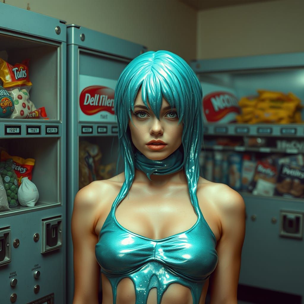 Bare-Chested Woman with Metallic Slime and Vending Machines