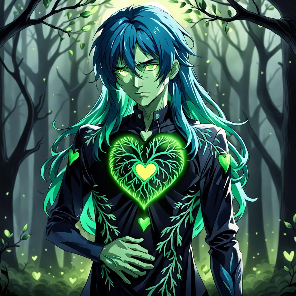 Sad Man with Glowing Heart Branches