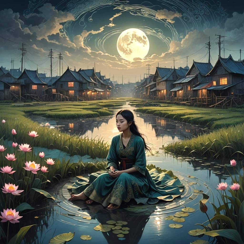 Moonlit Canal Village Road: A Beautiful Scene