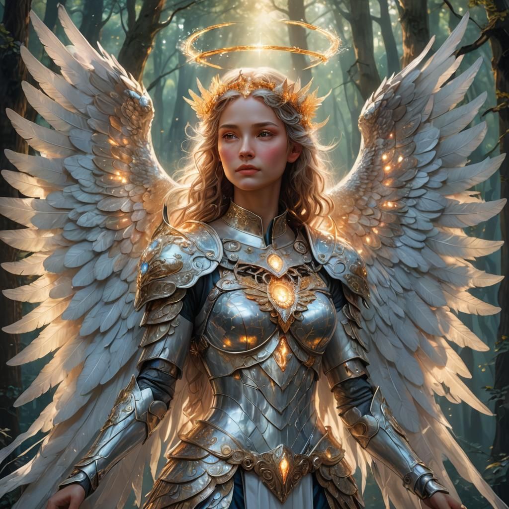 Moonlit Angel in Ethereal Forest: Digital Painting