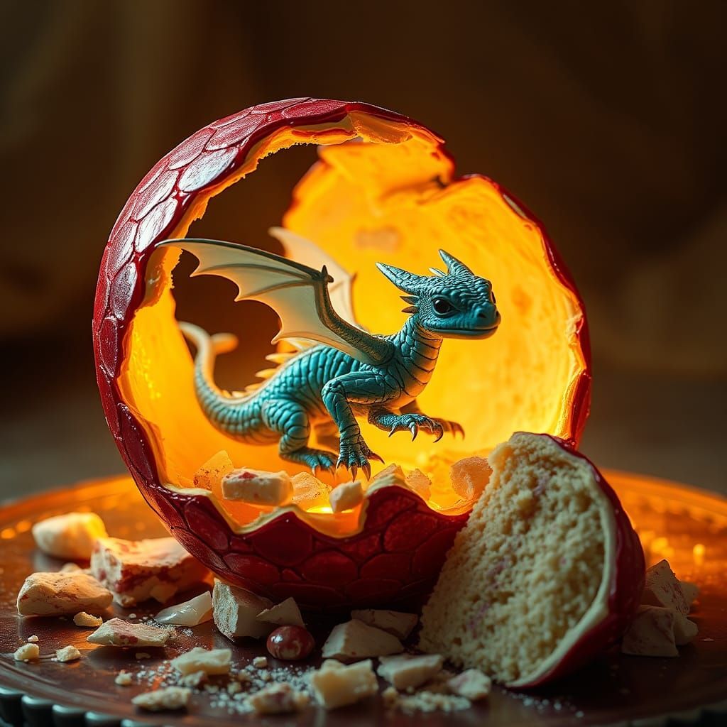 Iridescent Dragon Emerges from Scaled Cake Egg