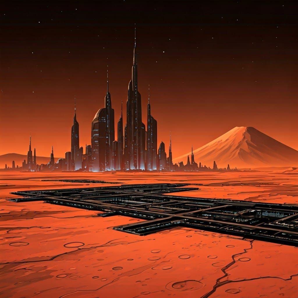Cyberpunk Mars Cityscape Under Dystopian Night Sky