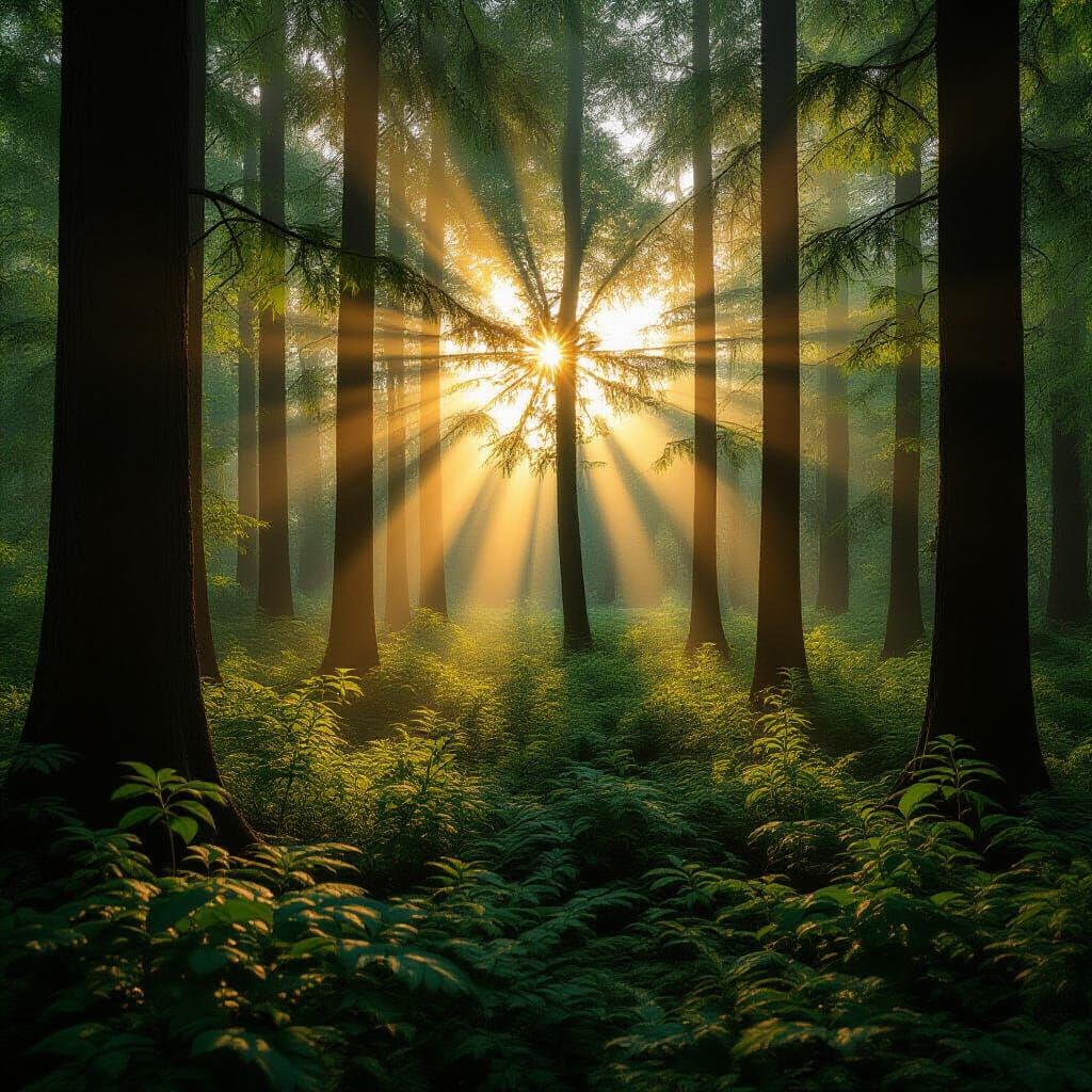 Ethereal Forest Sunrise with Golden Light Beams