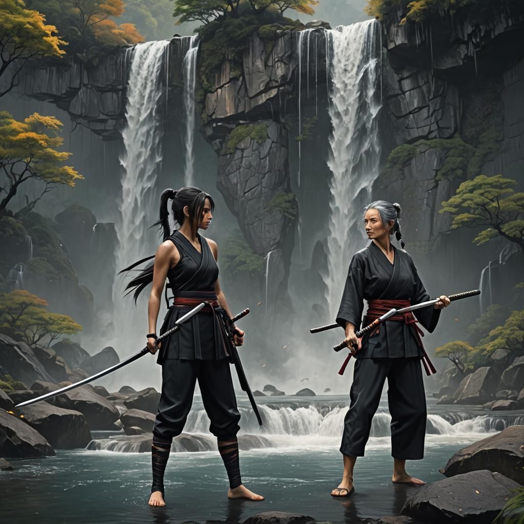 Woman with Katana at Waterfall: Matte Painting