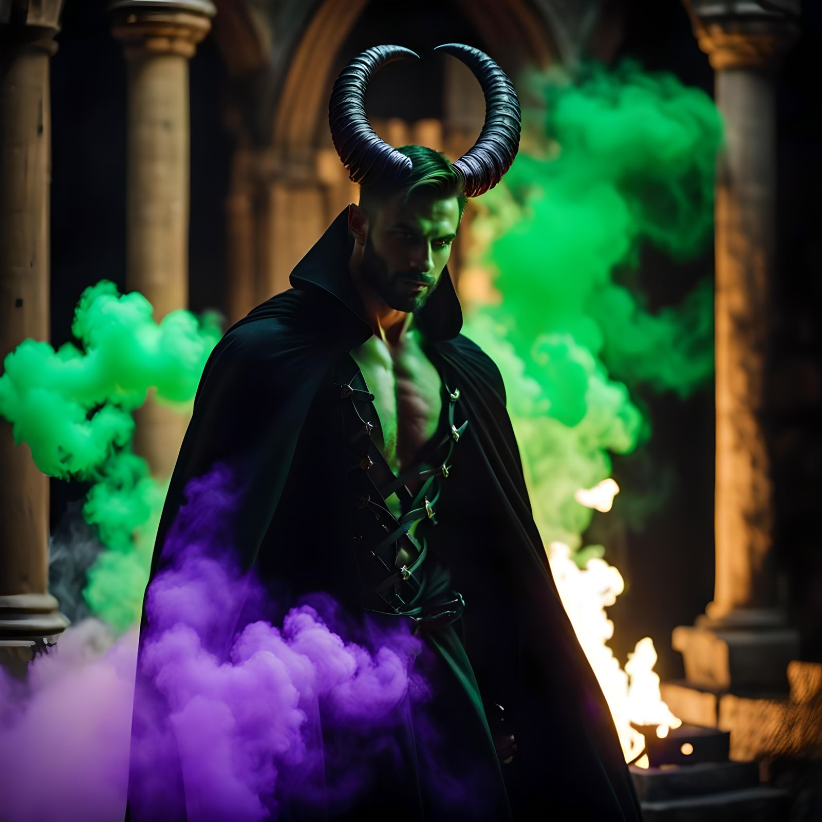 Green-Skinned Man with Horns in a Medieval Tower