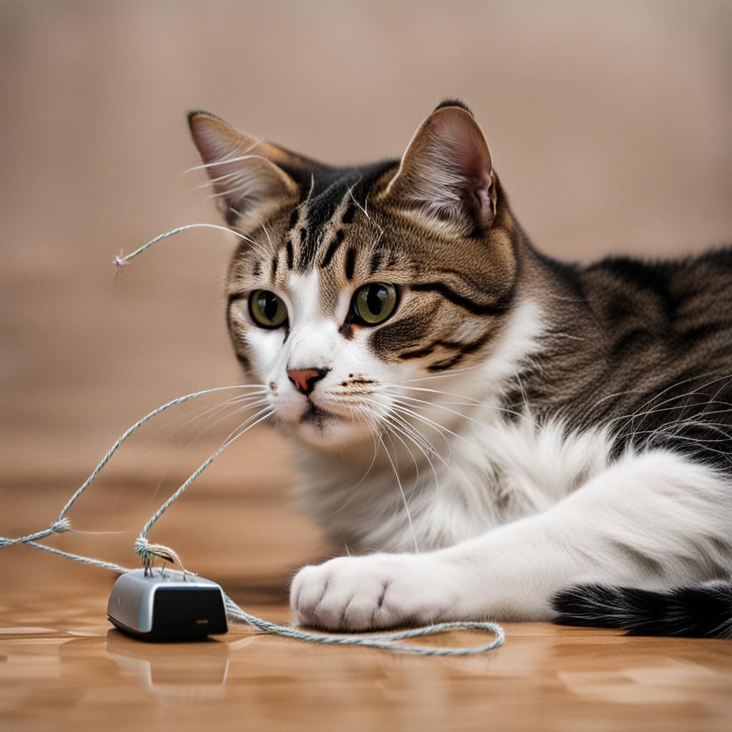 Cat Amused by String Mouse Toy