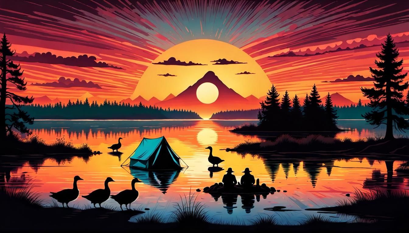Sunrise Lake Landscape with Campfire, Comic Art
