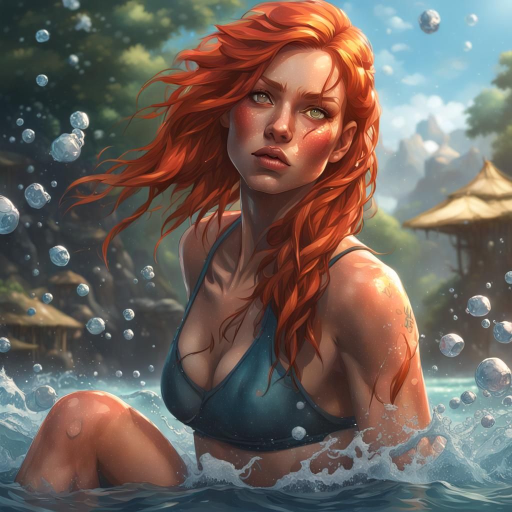 Redhead Portrait with Cold Water Splash, Hyperdetailed Art