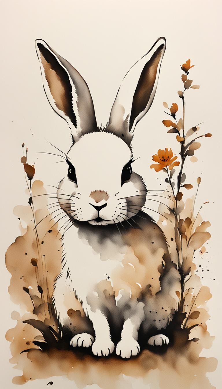 Minimalist Chinese Ink Painting of a White Rabbit