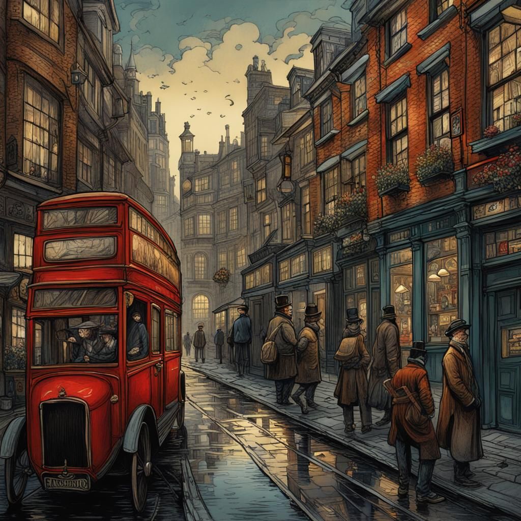 Soho London, comic illustration ink pen style of Bill Carman, natural light style of Alfred Augustus Glendening, oil on ...