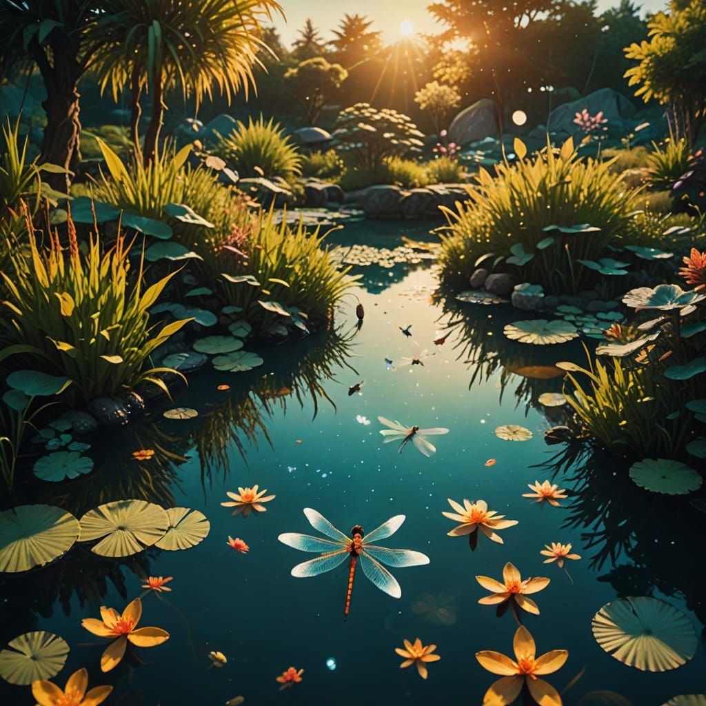 Cosmic Koi Pond in Ghibli and Visionary Art Style