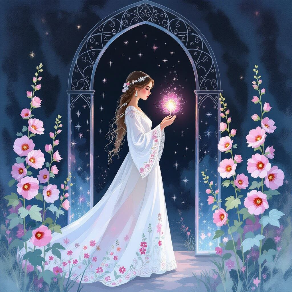 Ukrainian Woman with Magical Flower: Dreamy Watercolor Art