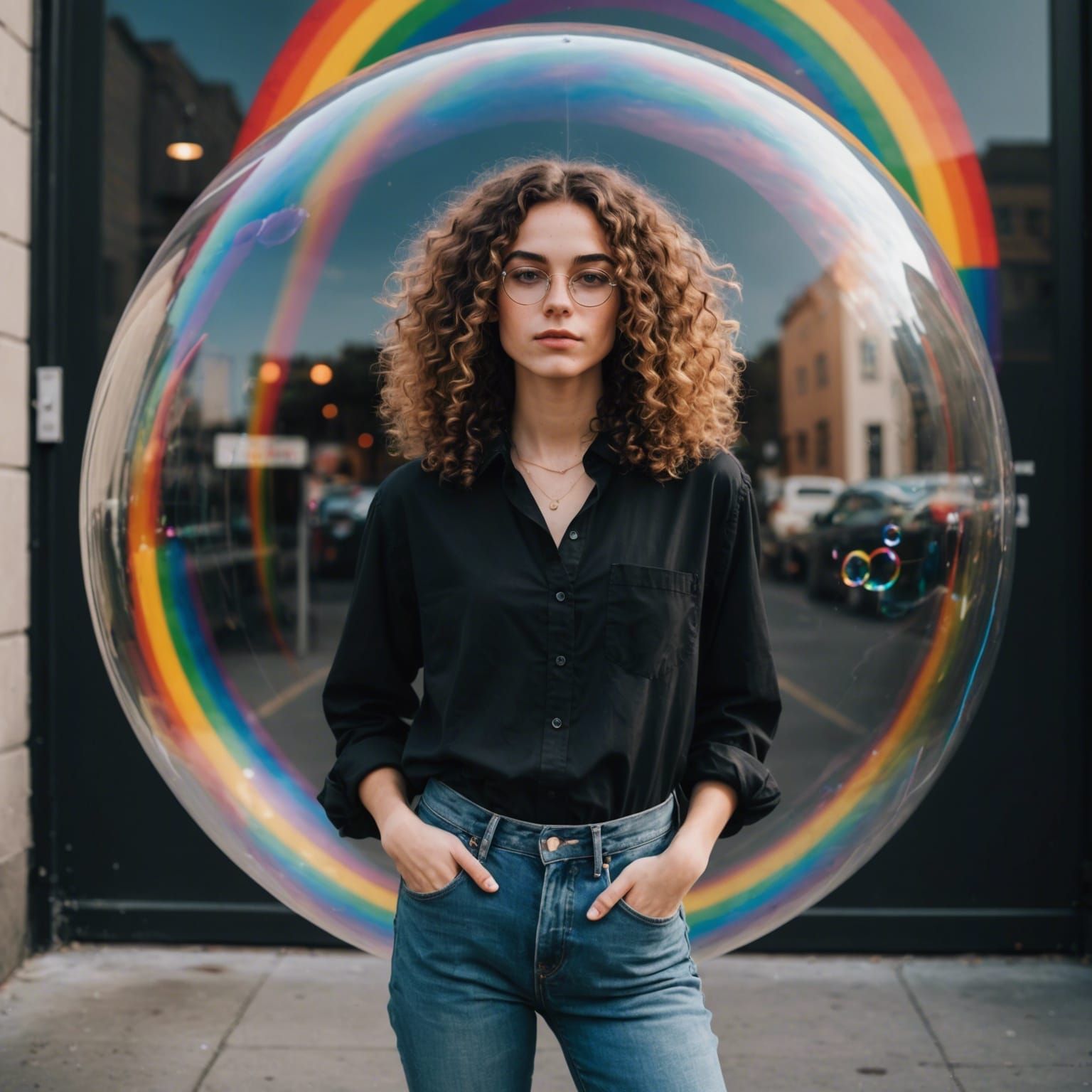 Androgynous Figure in Rainbow Bubble