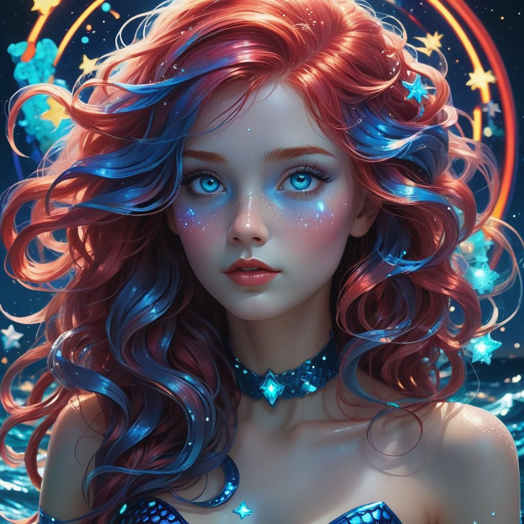 Neon Mermaid Portrait with Rockets and Stargates