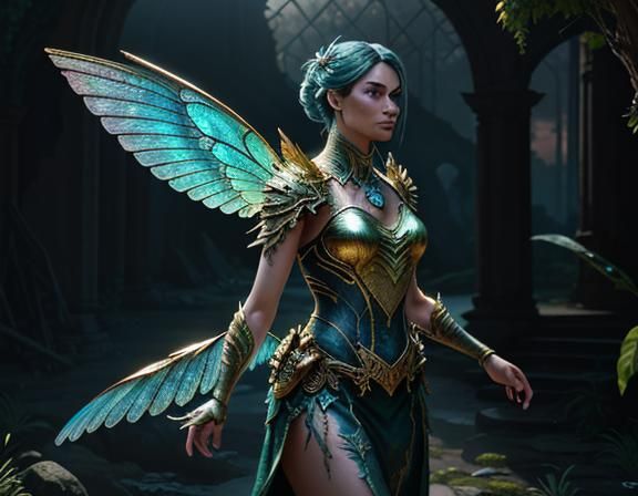 Fantasy Amphipioid in Mystical Ruins at Sunset