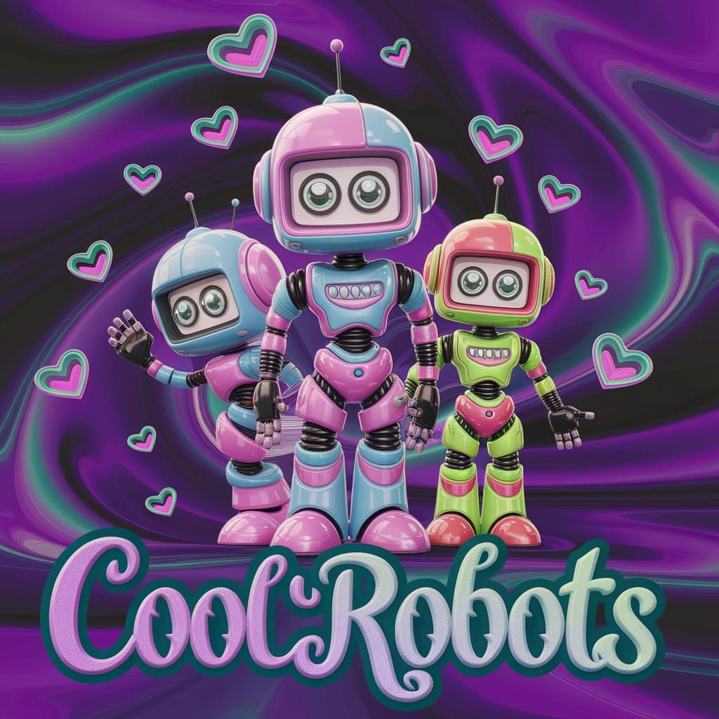 Three cute neon robots, pink, blue, and green, with 3d raised text that says "cool robots" in a gothic fantasy font surr...