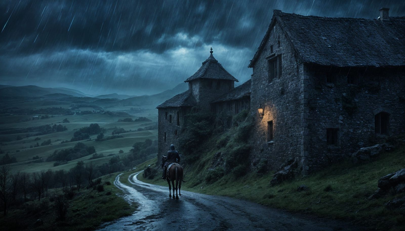 Medieval Horseman in Rainy Night, Cinematic Film Still