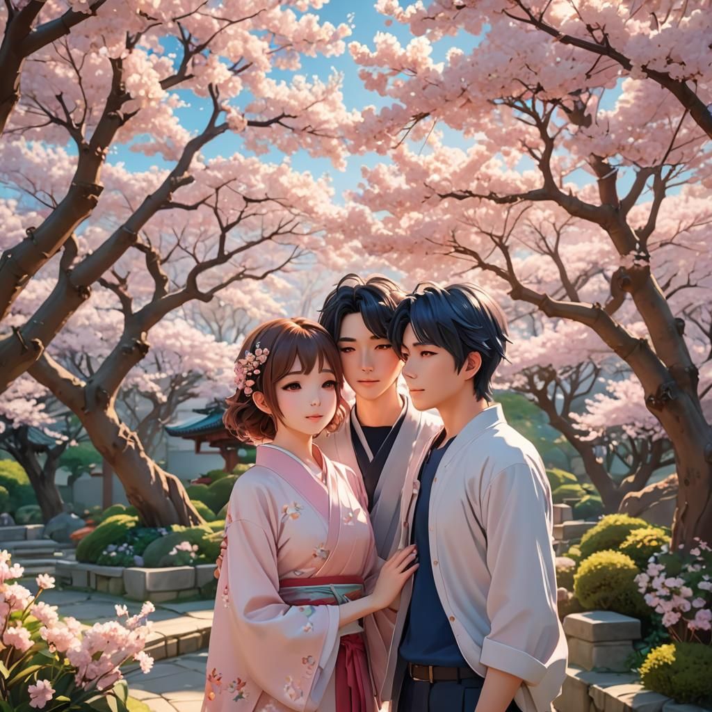 Anime Lovers Embrace in Cherry Blossom Garden