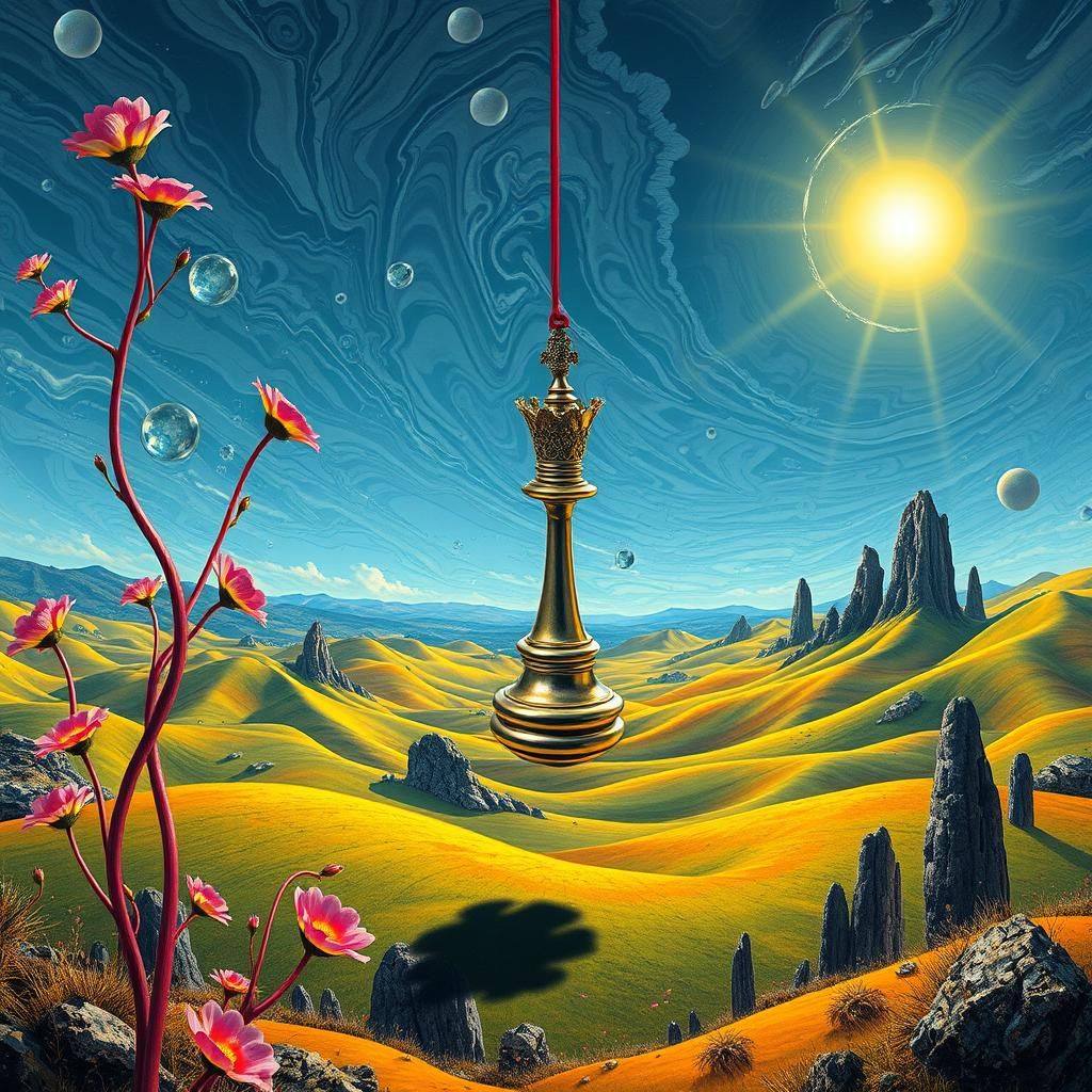 Surreal Landscape with Elastic Flora and Floating Chess