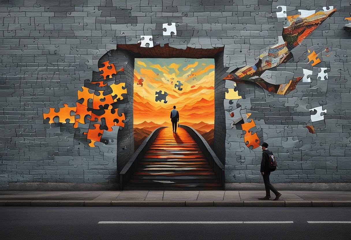 Surreal Street Art Painting with Jigsaw Landscape
