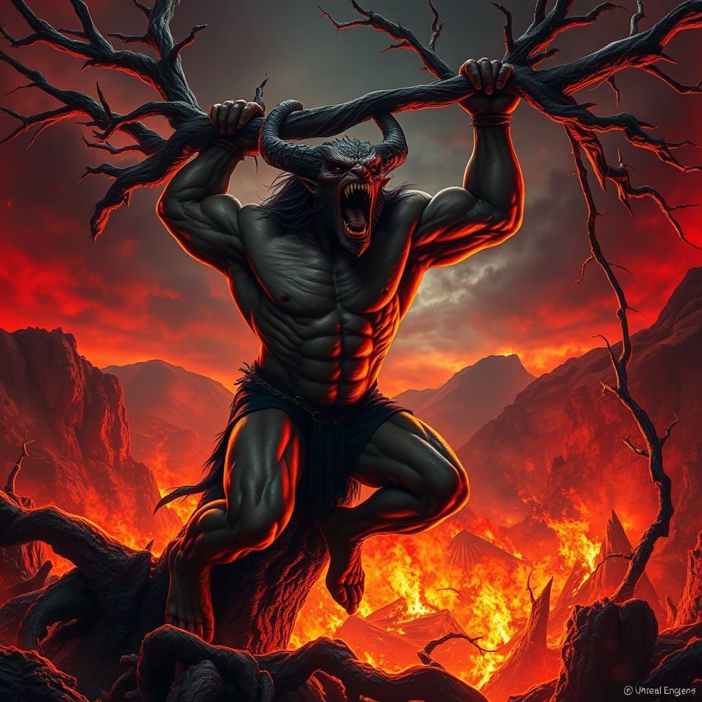 Demon Warrior Screaming in Agony in Hellscape