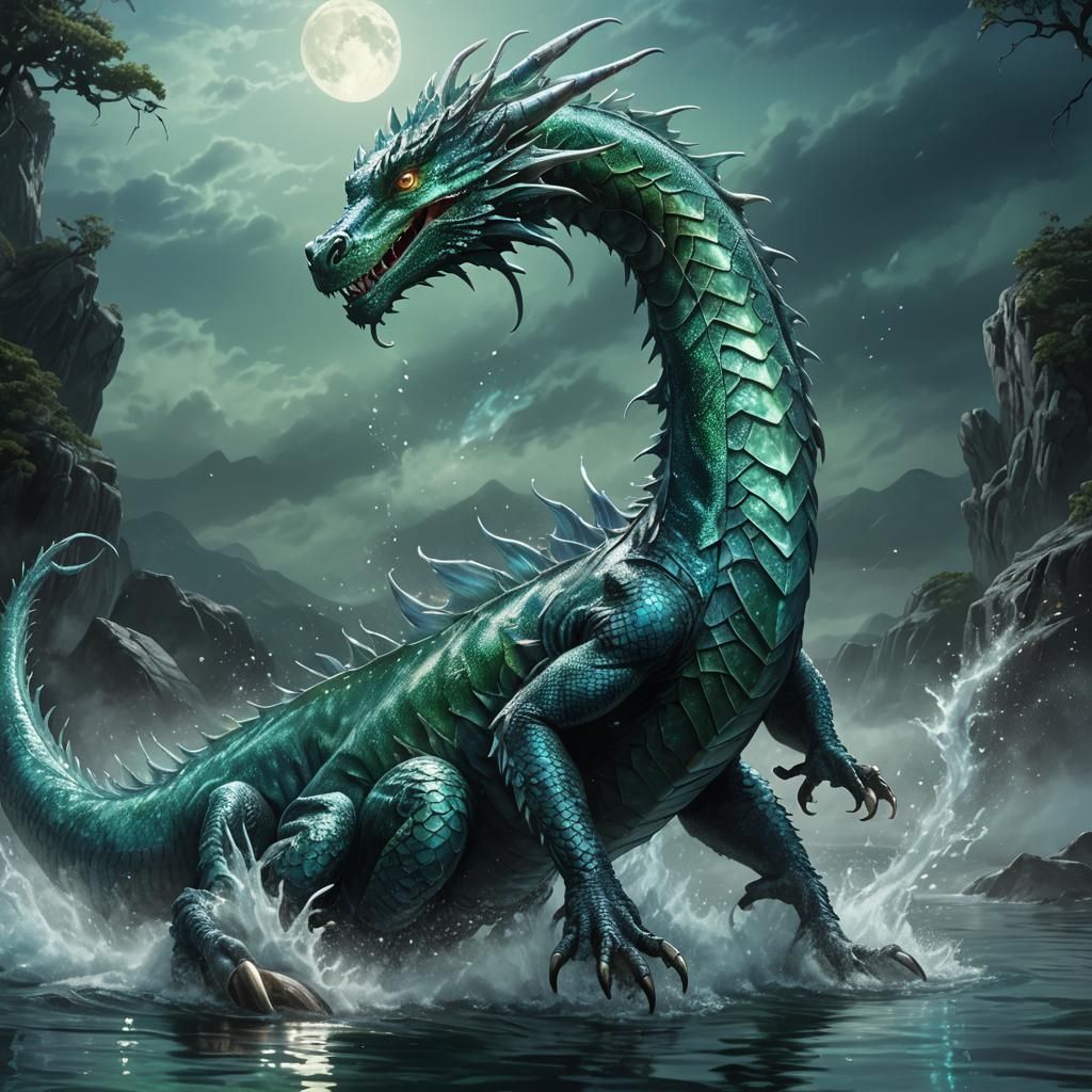 Majestic Water Dragon Rising from Moonlit Ocean