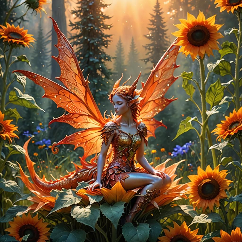Dragon Fairy on Sunflower in Ethereal Fantasy Style