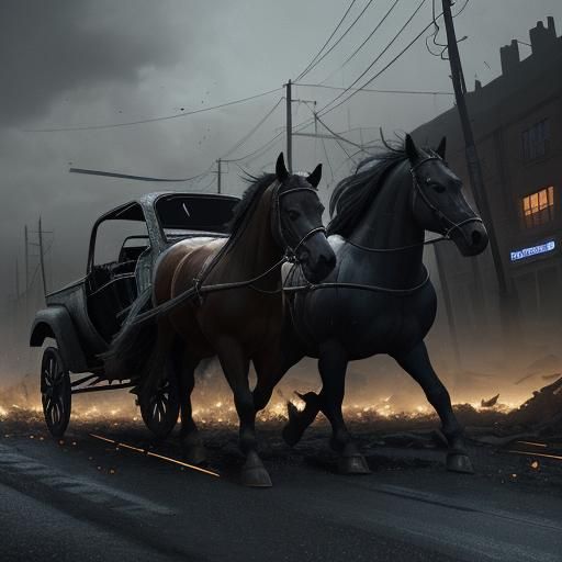 Rearing Horses Over Crushed Car in Hyper-Realistic Style