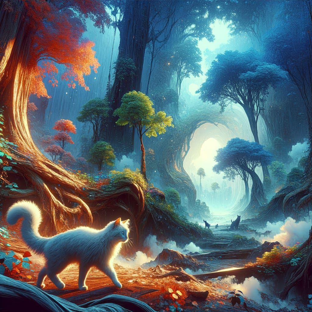 Fantasy Cat Walks in Enchanted Forest