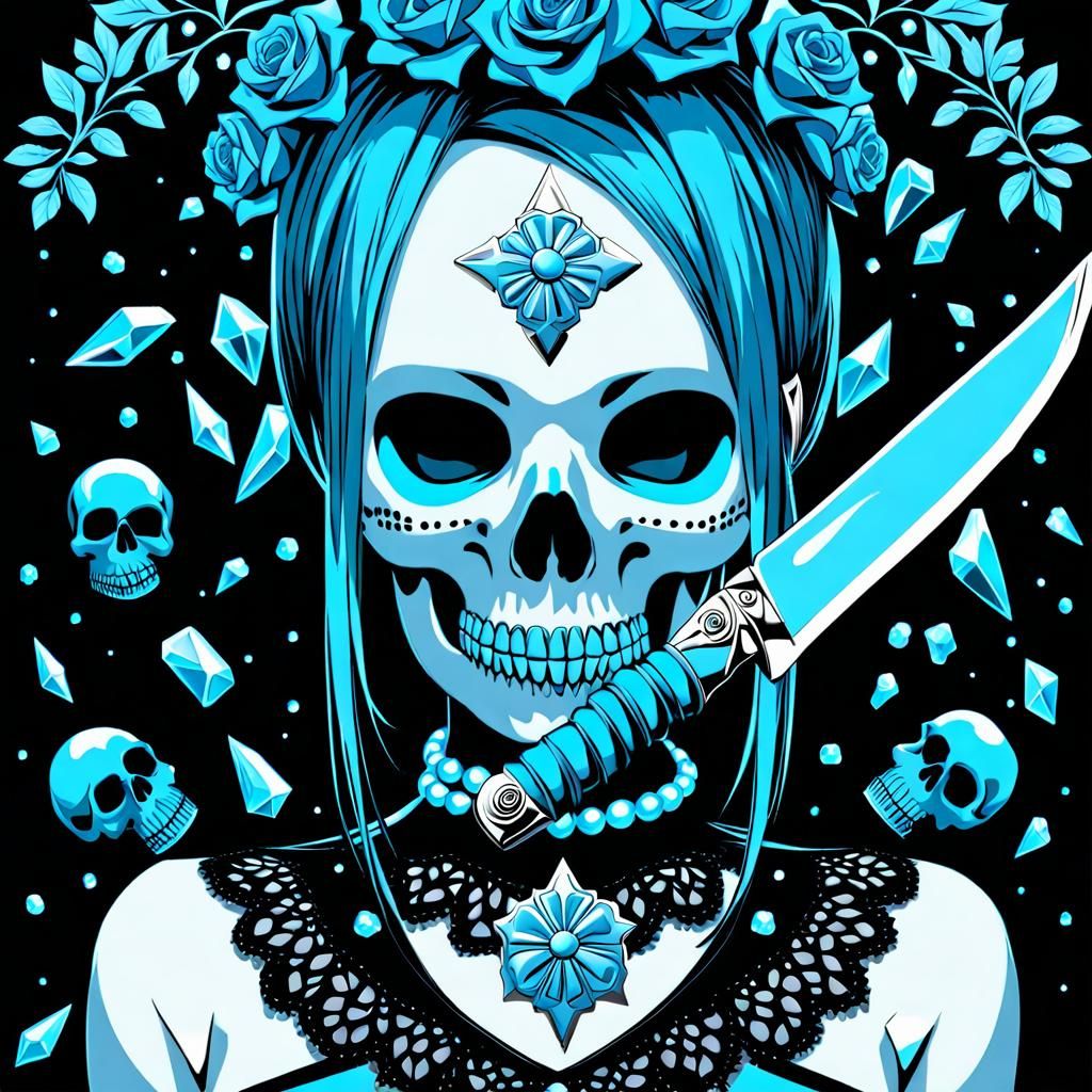 Icy Blue Skulls and Knife: Digital Art