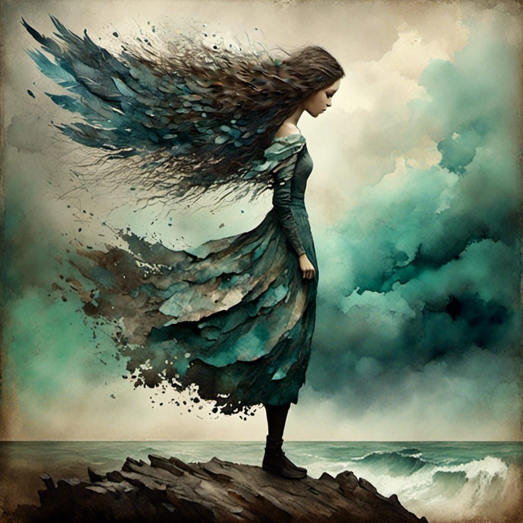 Woman with Wings on Windswept Cliff