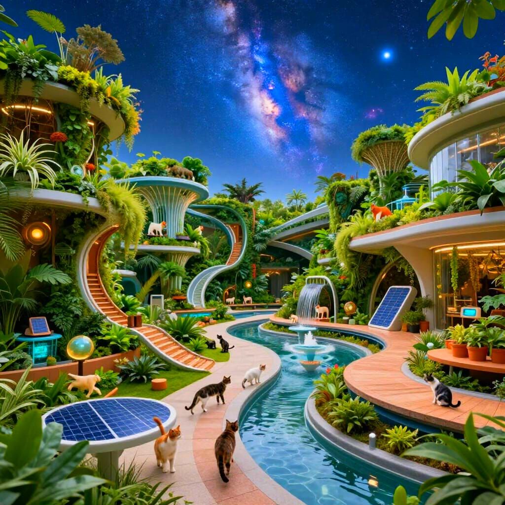 Futuristic Eco-Garden Designed for Cats Under the Milky Way