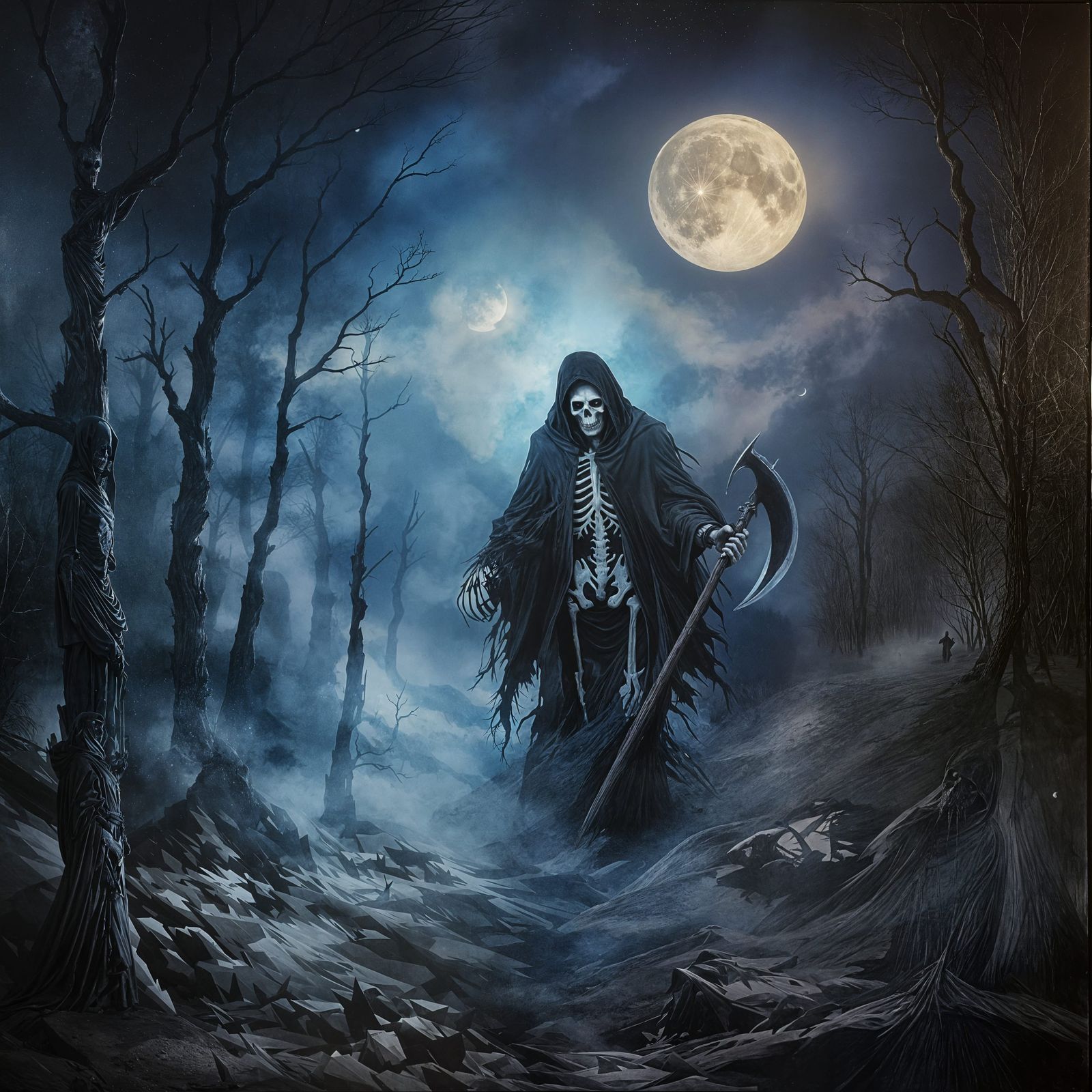 Skeletal Grim Reaper Silhouette Under Full Moon