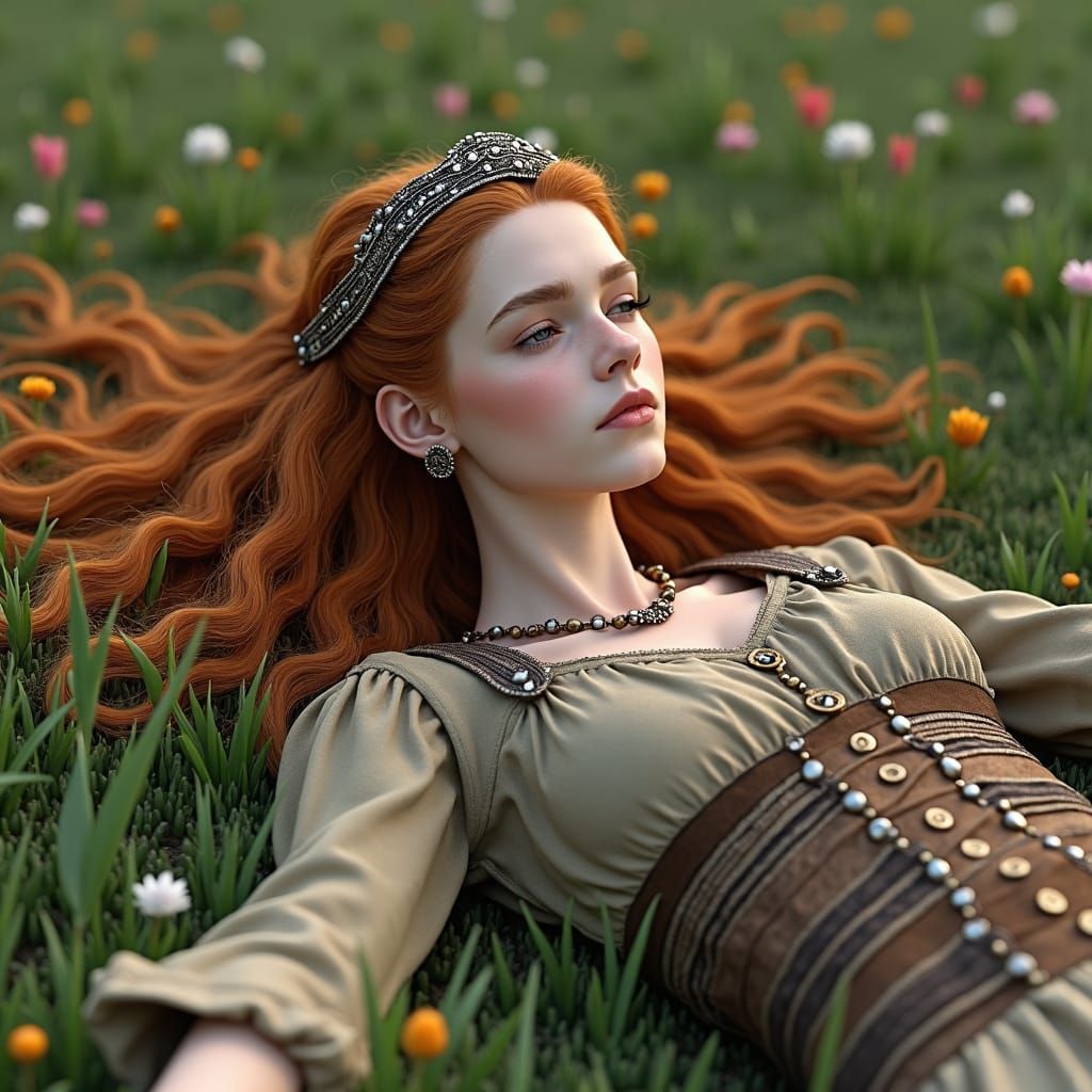 Latvian Iron Age Woman in Meadow, Dark Fantasy Art